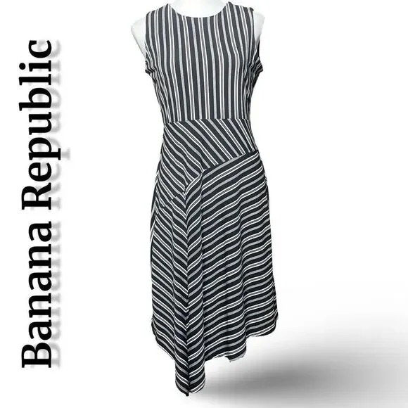 BANANA REPUBLIC Black & White Striped Dress, Asymmetrical Hem, Size SP - Picture 1 of 7